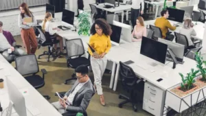 Large office area with many workers at desks working diligently
